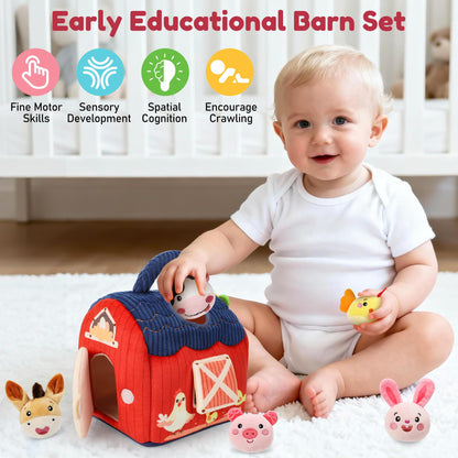Baby Toys 6-12 Months - Soft Plush Surprise Barn Stuffed Farm Animals, Rattle, Crinkle, Mirror, Montessori Toys for Babies Sensory Toys for Toddlers 1-3, Baby Stocking Stuffers