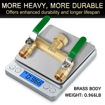 EBH Garden Hose Splitter, 2-Way High Flow Heavy Duty Brass Outdoor Hose Manifold with Extra Long Handles Full Flow Faucet Adapter- 3/4” GHT(Green)