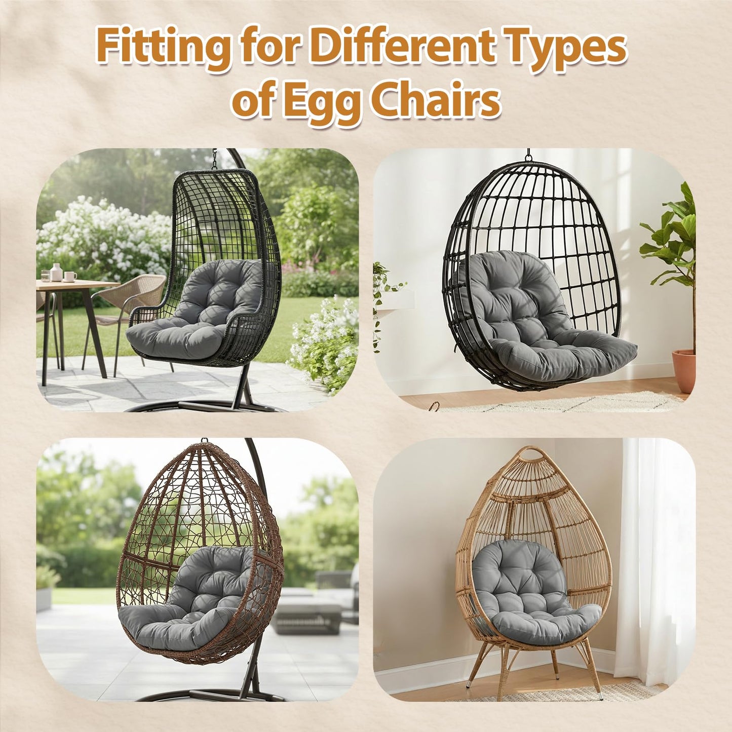 1 MIDDLE ONE Egg Chair Cushion, Indoor Outdoor Hanging Egg Chair Cushions Replacement, Memory Foam Patio Wicker Basket Swing Chair Cushion (Grey, 47 x 33 inch)