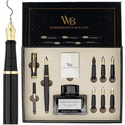 Wordsworth & Black Calligraphy Pen Gift Set, Includes Bottle, 6 Cartridges, Refill Converter, 6 Replacement Nibs, Premium Package, Journaling, Smooth Writing Pens [Black Gold]