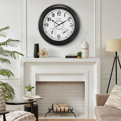 CLXEAST Illuminated Indoor Outdoor Clocks Waterproof 18 inch with Smart Night Light Sensor,Large Wall Clock with Thermometer & Hygrometer,Oil Rubbed Bronze Black,Spring Outdoor Decor