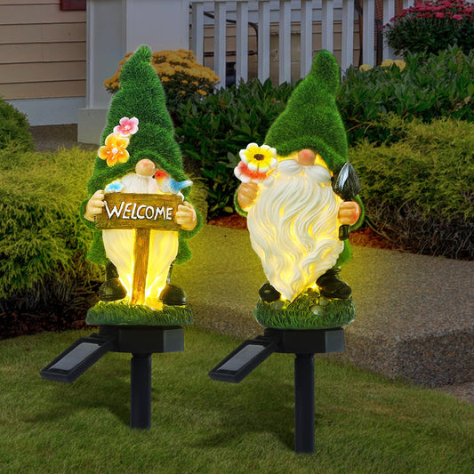 Rossesay 2 Pcs Solar Garden Gnomes Outdoor Decorations with Welcome Sign, Waterproof Resin Gnome Statues with Lights for Outside Yard Patio Porch Decor, Mothers Day Gifts for Mom Grandma Women