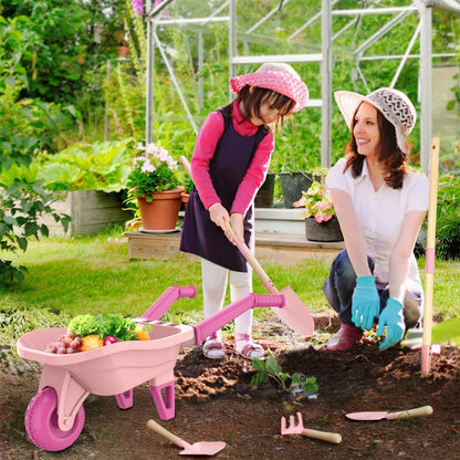 Qtioucp Kids Gardening Set with Wheelbarrow, Real Metal Garden Tools for Kids Ages 3-8, 4 Long Handle Tools, 3 Hand Tool, Gloves, 5 Stickers, Handbook, Outdoor Backyard Toys for Toddler Gift