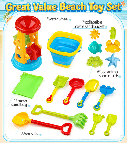 Collapsible Beach Sand Toys for Kids Toddlers, Collapsible Sand Bucket with Water Wheel Sifter Shovels Set with Mesh Bag and Sand Molds, Travel Beach Sandbox Toys for Boys Girls 3 4 5 6 7 8 9 10+