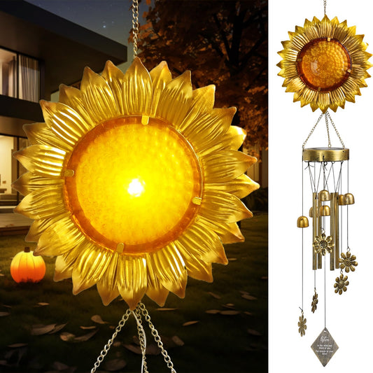 LOVERUIS Sunflower Solar Wind Chimes-Solar Lights Outdoor with Wind Chimes, Sunflower Gifts for Women Mom Grandma, Garden Decor for Patio Yard Pathway, Hanging Solar Lantern Wind Chimes