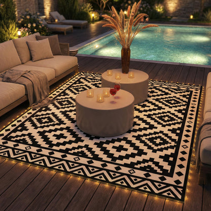 Outsunny Reversible Outdoor Rug Carpet, 12' x 9' Waterproof PP Plastic Straw Rug, Portable RV Camping Mat with LED String Lights, Floor Mat Area, Black and White