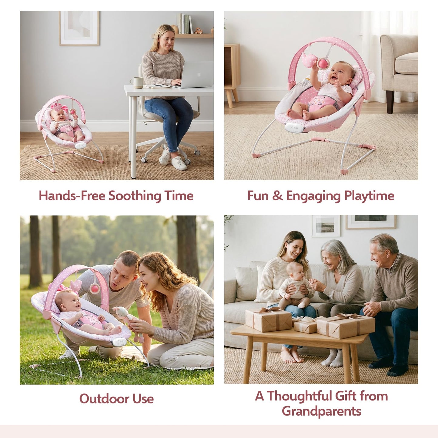 Baby Bouncer, Portable Infant Bouncer, Adjustable and Foldable Baby Rocker with Vibrations,Baby Bouncer Seat for Baby 0-6 Months 6-20 lbs Indoor & Outdoor Use