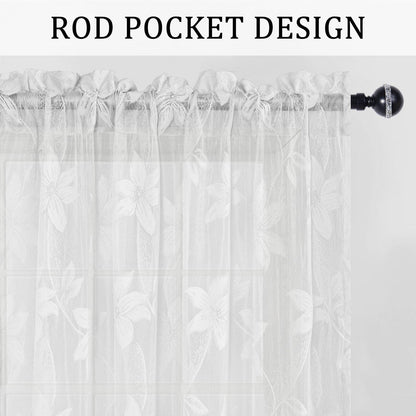DWCN White Floral Lace Sheer Curtains - Rod Pocket Window Voile Sheer Drapes for Bedroom Kitchen Short Curtains 52 x 45 inch Length, Set of 2 Curtain Panels