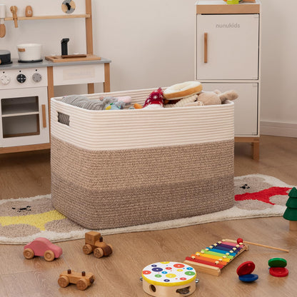 OIAHOMY 108L Super Large Blanket Basket, 25”x16”x16”(108L) Rectangle Woven Baskets for Storage, Cotton Rope Basket For Living Room, Toy Storage with Handle- Gradient Brown