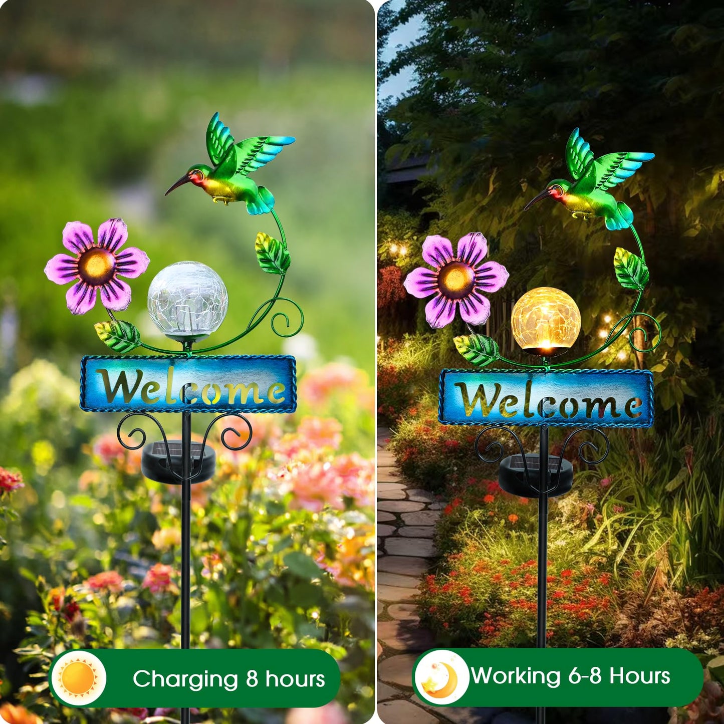 FOMOMDI Hummingbird Garden Decorations for Outside, Solar Waterproof Stake Lights with Welcome Sign for Yard Lawn Patio Pathway, Warm Gifts for Mom Grandma Housewarming (Hummingbird)