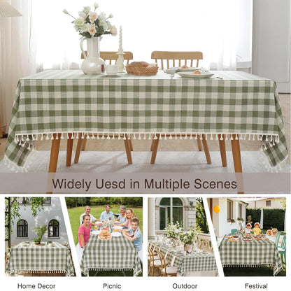 JIALE Spring Gingham Tablecloth Rectangle Cotton Linen Fabric Checkered Table Cloth with Tassel Washable Wrinkle Free Buffalo Plaid Table Cover for Outdoor Party Picnic Kitchen Dining, Green, 55x75