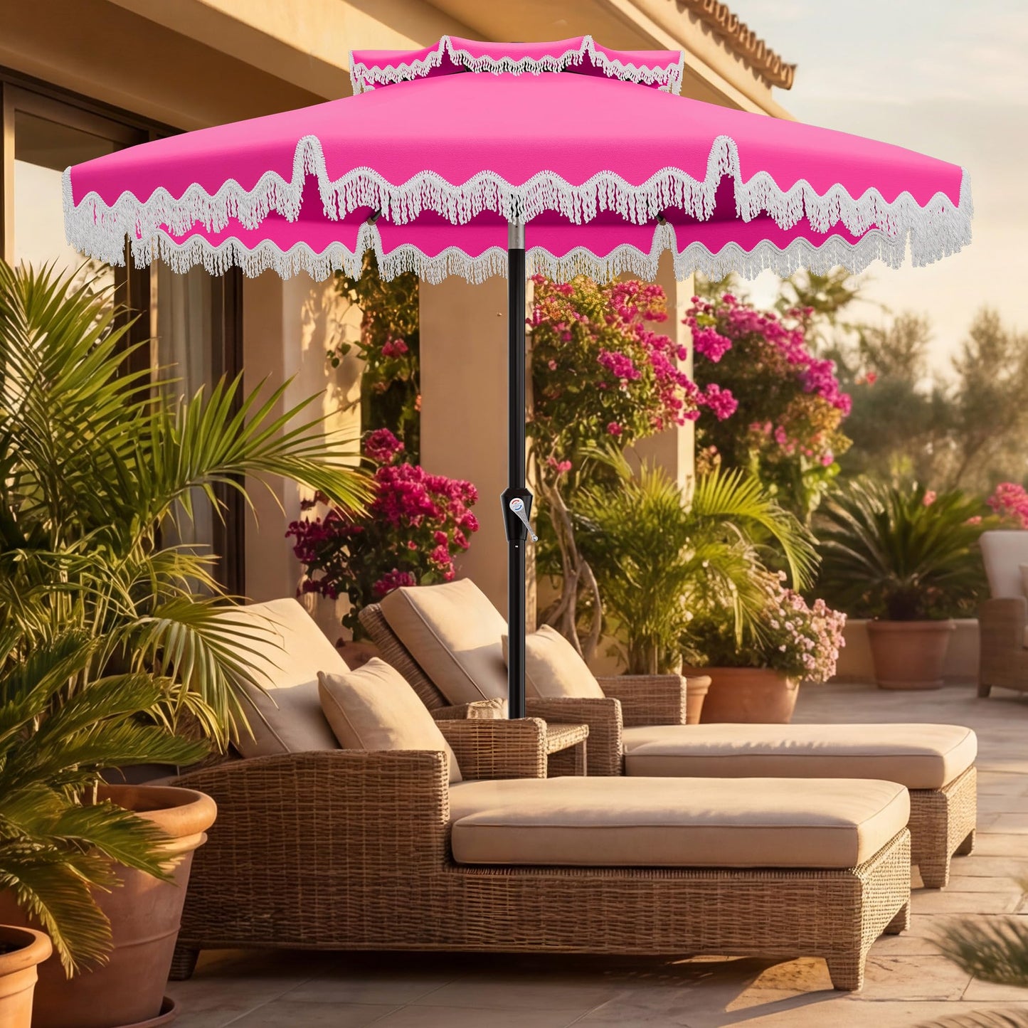 AreShark 9FT Patio Umbrella with Fringe, Wind-Resistant Fiberglass 8 Ribs Tassel Outdoor Umbrella with Crank and Push Button Tilt, Double Tier Vent Sun Shade for Pool, Deck, Backyard, Rose Pink