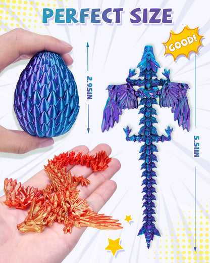 TBOLINE 4PCS 3D Printed Dragon with Wings and Egg, Surprise Egg with Flying Dragon Inside, Small 3D Printer Dinosaur Eggs Party Favors Toy Classroom Prizes Girls for Kids Gifts 5-7 8-12