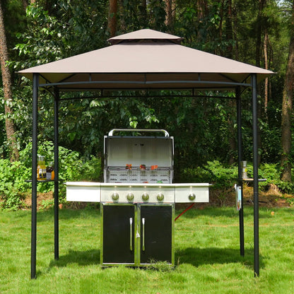 FAB BASED 5x8 Grill Gazebo, All-Weather Steel Construction, Double Tiered & Resistance Canopy Roof, Metal Serving Shelves, 2 LED and Bottle Opener for Patio, Backyard, BBQ (Beige)