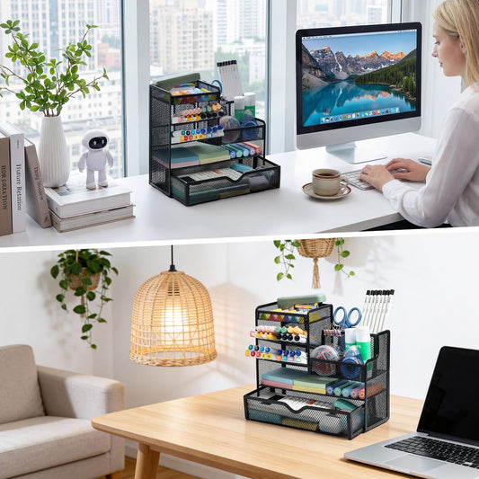 M&G Mesh Pen Holder for Desk, Multi-Functional Pencil Holder with Drawer Desk Organizer, Large Capacity Office Desk organizers and Accessories (Black)