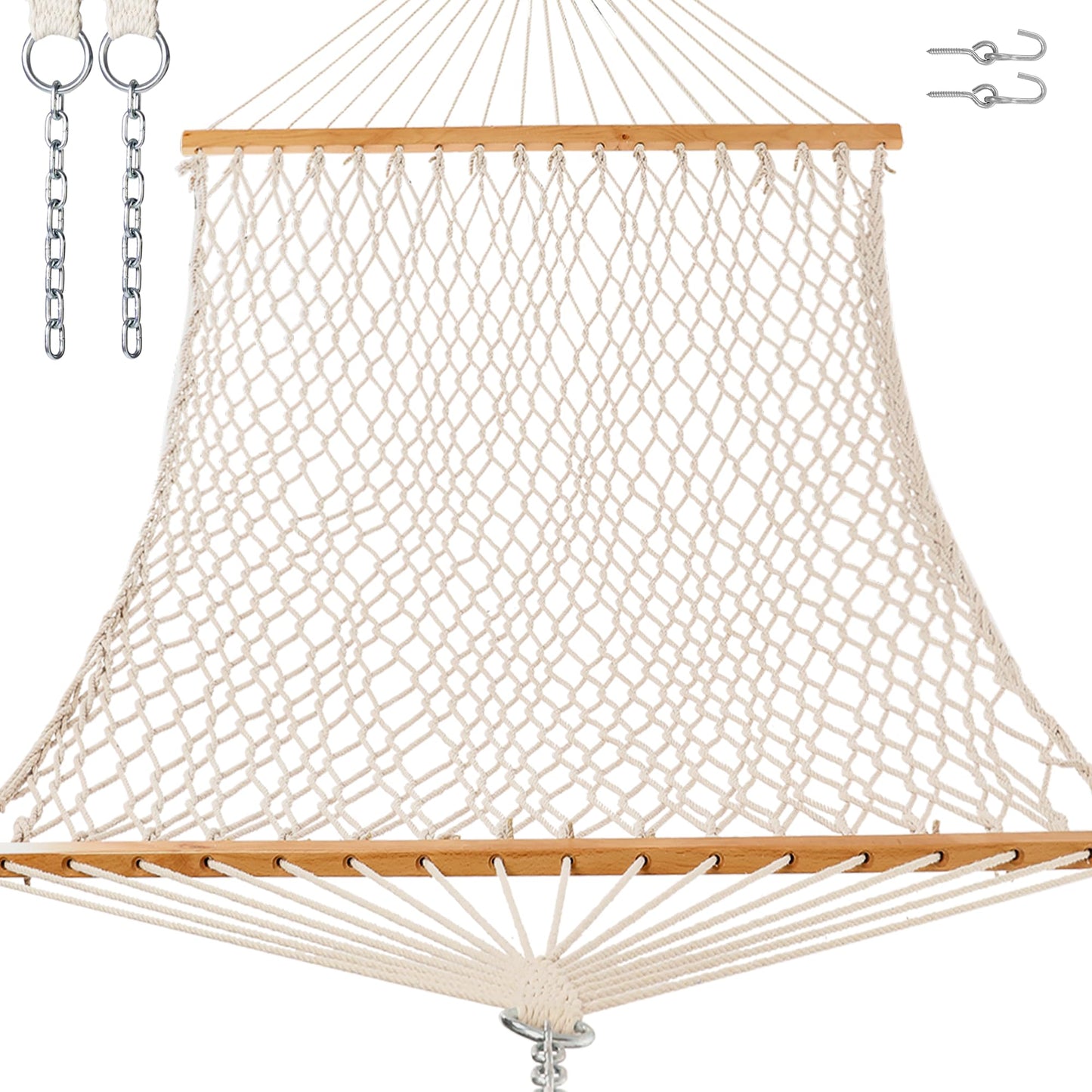 GAFETE 12ft Double Hammocks for Outside, Handwoven Traditional Cotton Rope 2 Person Hammock with Hardwood Spreader Bar, Chains & Hooks for Indoor Outdoor, Max 450 lbs Capacity (Natural Beige, Medium)