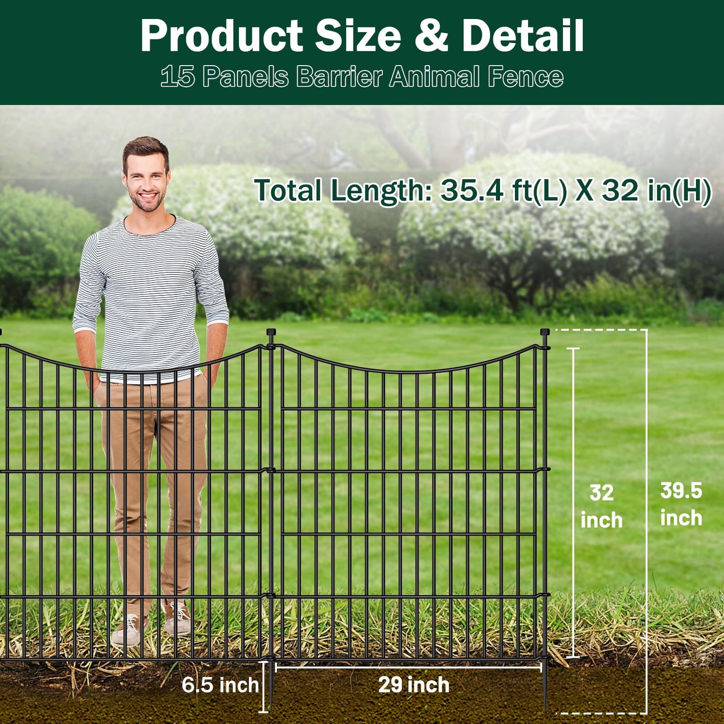 15 Panels Decorative Garden Fence with Gate, 32 in(H) X 35.4 ft(L) No Dig Dog Fence Animal Barrier Outdoor for Yard, Rustproof Metal Garden Edging and Borders, Temporary Fencing Stakes