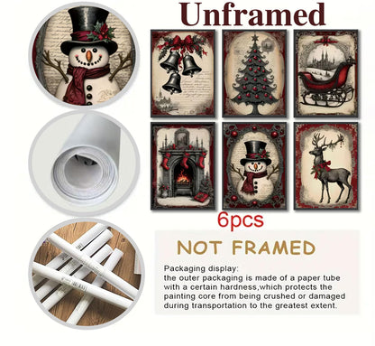 6pcs Christmas Canvas Wall Art Red Christmas Tree Snowman Elk Posters Prints Paintings Winter Landscape Festive Elements Wall Decor Pictures for Living Room And Bedroom Furniture Decoration Unframed