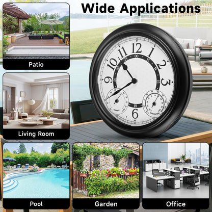 Dyreps 15Inch Outdoor Clock with Thermometer & Hygrometer - Waterproof Illuminated Large Outdoor Clocks Waterproof, Weather-Resistant Battery Operated Metal Wall Clock for Indoor and Outdoors