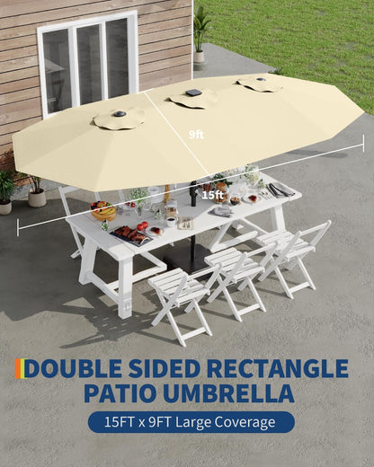 GarveeTech 15FT Solar Patio Umbrella with 36 LED Lights, Weighted Base Included, Tilt and Crank Market Umbrella for Backyard, Garden, Deck, Pool, Beach, Beige