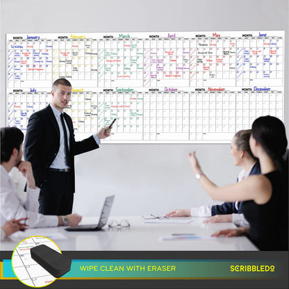 Extra Large 100"x36" Dry Erase Monthly Planner – 12-Month Whiteboard Calendar Includes 6 white Board Markers Eraser Push Pins & Mounting Tape