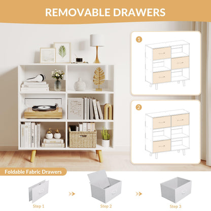 ELYUP Bookcase with Fabric Storage Bins - 6 Cube Organizer Display Bookshelf for Home Office, White