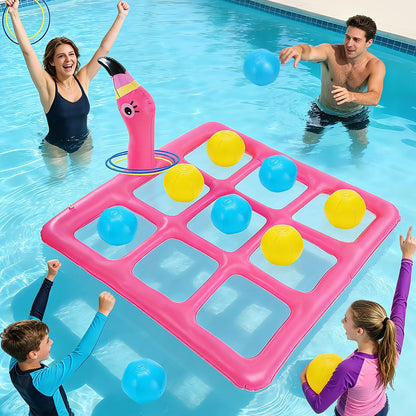 2 in 1 Flamingo Pool Games Toys Set - Inflatable Tic-Tac-Toe & Ring Toss for Family, Adults, Teens, Kids, Outdoor Summer Swimming Pools Party Water Game with 10 Balls & 6 Rings for 2-10 Players