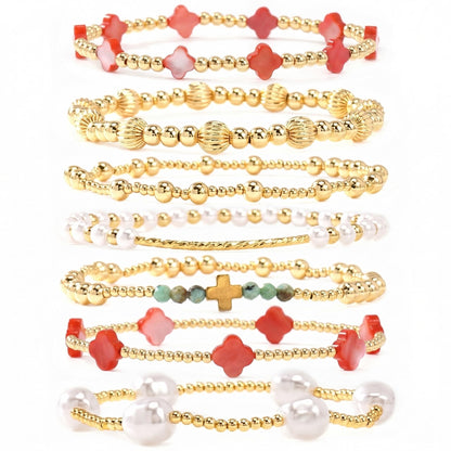 SHINUS BOHO 14K Gold Beaded Red Clover Stackable Bracelets for Women,7PCS/Set Boho Cross Pearl Beads Stretch Bracelets Stack Fashion Holiday Birthday Prom Jewelry Accessories Gift Friendship Sister
