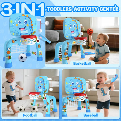 Toys for 1 Year Old Boy - Toddler Basketball Hoop & Soccer Goal & Baseball Activity Center with Light Sound Music, Dinosaur Montessori Sports Toy, Christmas Birthday Gift for Baby 12-18 Months, Blue