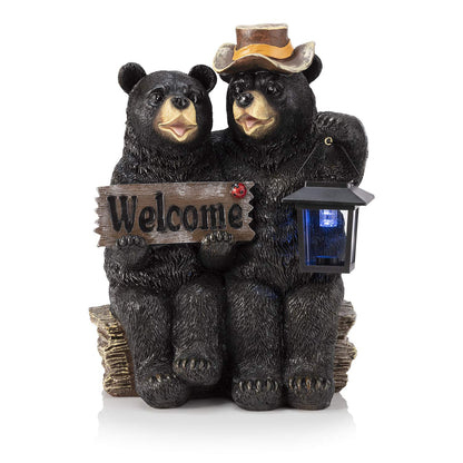 Alpine Corporation 15" H Outdoor Bear Couple with Lantern and Welcome Sign Statue with Solar LED Lights, Black