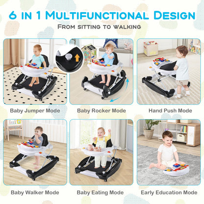 BABY JOY 6-in-1 Baby Walker, Foldable Baby Walker with Wheels, Adjustable Height, Music, Lights, Bouncer & Rocker Mode, Baby Walkers for Boys Girls 6-14 Months (Black)