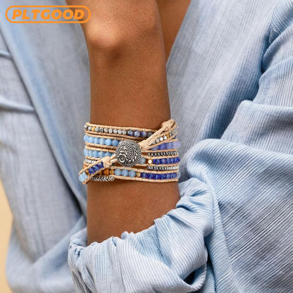 PLTGOOD Beaded Bracelets for Women Handmade Adjustable Boho Bracelets For Women Blue Natural Stone Bracelet 5 Wrap Bracelets Rope Yoga Healing Bracelet Jewelry