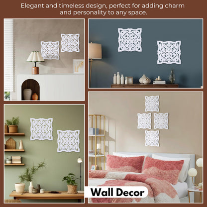 Woodify Hand-Carved Wooden Wall Décor – Set of 2, 12" x 12" Decorative Wood Panels, Floral Design, White Antique Finish, Wall Art for Living Room & Home Décor