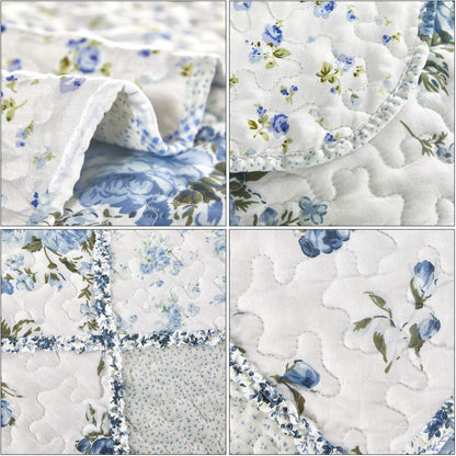 VIVILINEN Blue Floral Patchwork Quilt Set, Full Queen Size, 3 Piece Bedding Set with 2 Pillowcases