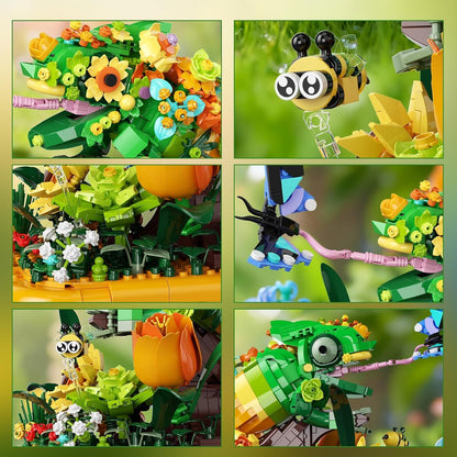 Chameleon Garden Bonsai Building Set, 1092PCS Nature Inspired MOC Flowers & Insects STEM Kit Compatible with Lego Animal, Stunning Desk Decor for Home/Office, Building Blocks for Kids Adults Aged 12+