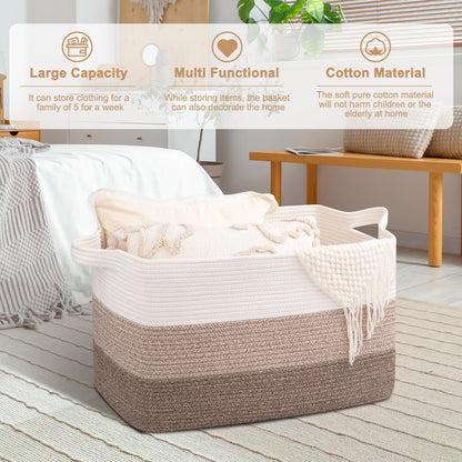 OIAHOMY Extra Large Blanket Basket, 95L Woven Storage Basket, Cotton Rope Toy Bin for Baby Room, Container for Storage in Living Room, 24''×17''×14'', Gradient Brown