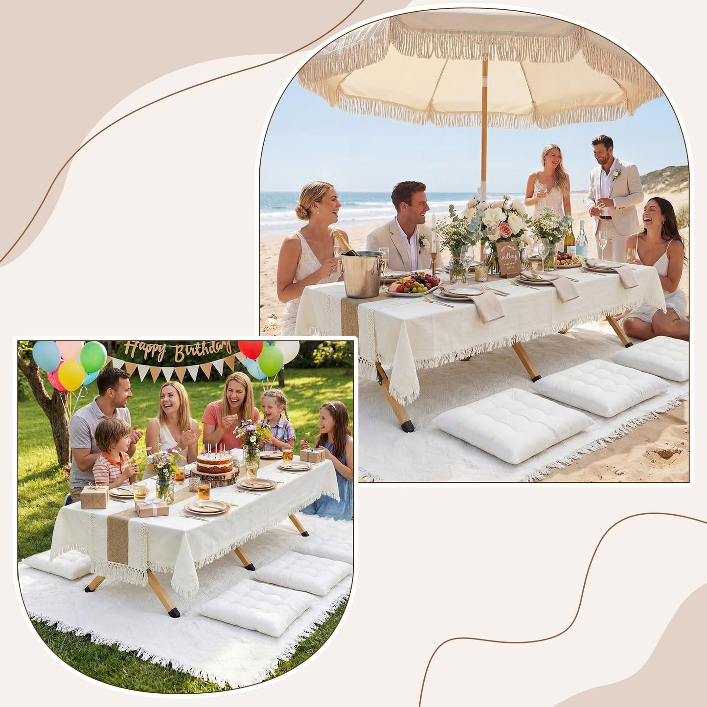 Novabright 10 Pcs Picnic Kit Folding Picnic Table 59'' x 20.5'' Large Outdoor Boho Blanket 91'' x 71'' Beige Table Runner 6 Floor Pillows Cushions Woven Cotton Oversize Washable for Camp Wedding
