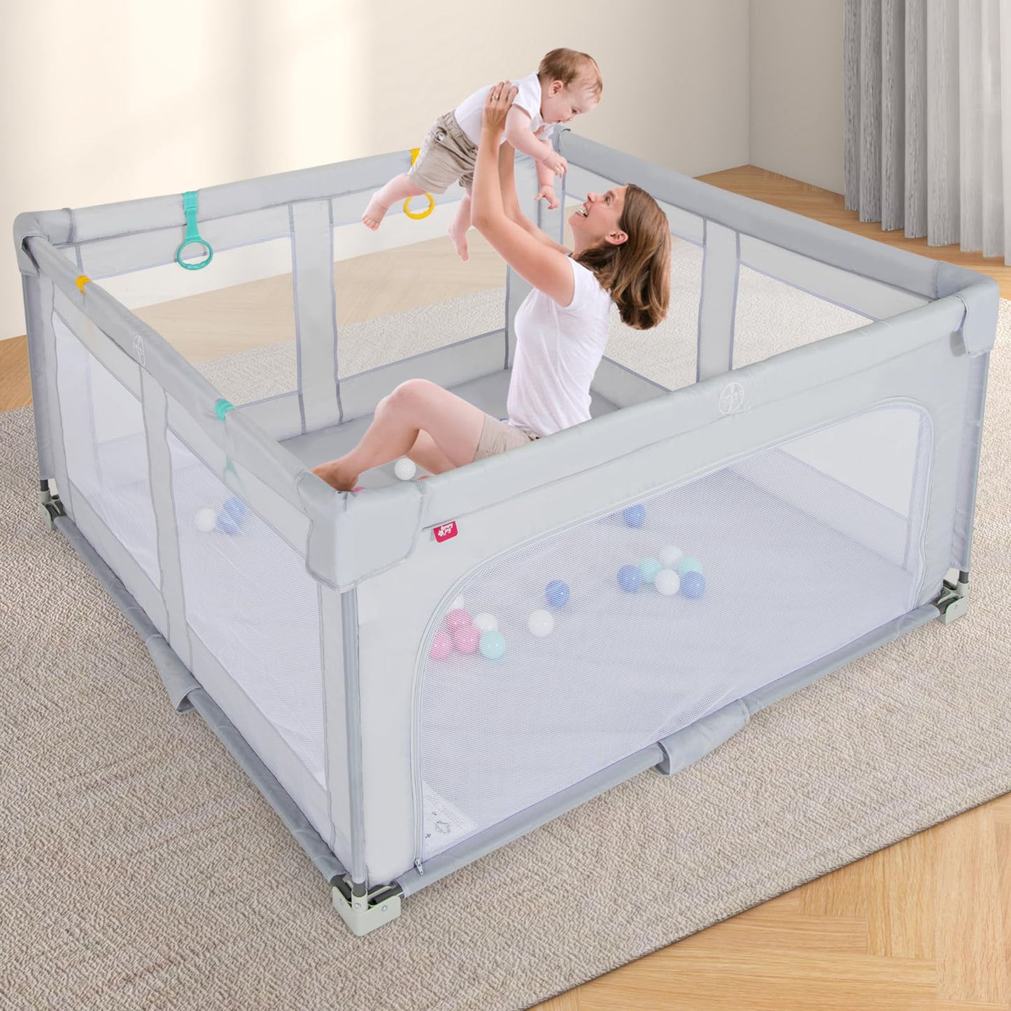 Costzon Foldable Playpen for Babies, 59''x59'' Portable Baby Play Pen with 50 PCS Ocean Balls, 4 Handles, Carry Bag, Visible Mesh, Kids Activity Center with Gates, Indoor & Outdoor Baby Gate Play Pen