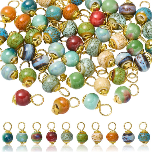 COGCHARGER 60Pcs Round Ceramic Charms for Jewelry Making Vintage Handmade Cute Charms Porcelain Beads with Iron Findings for Jewelry Making Earring Bracelets Necklace DIY Crafts