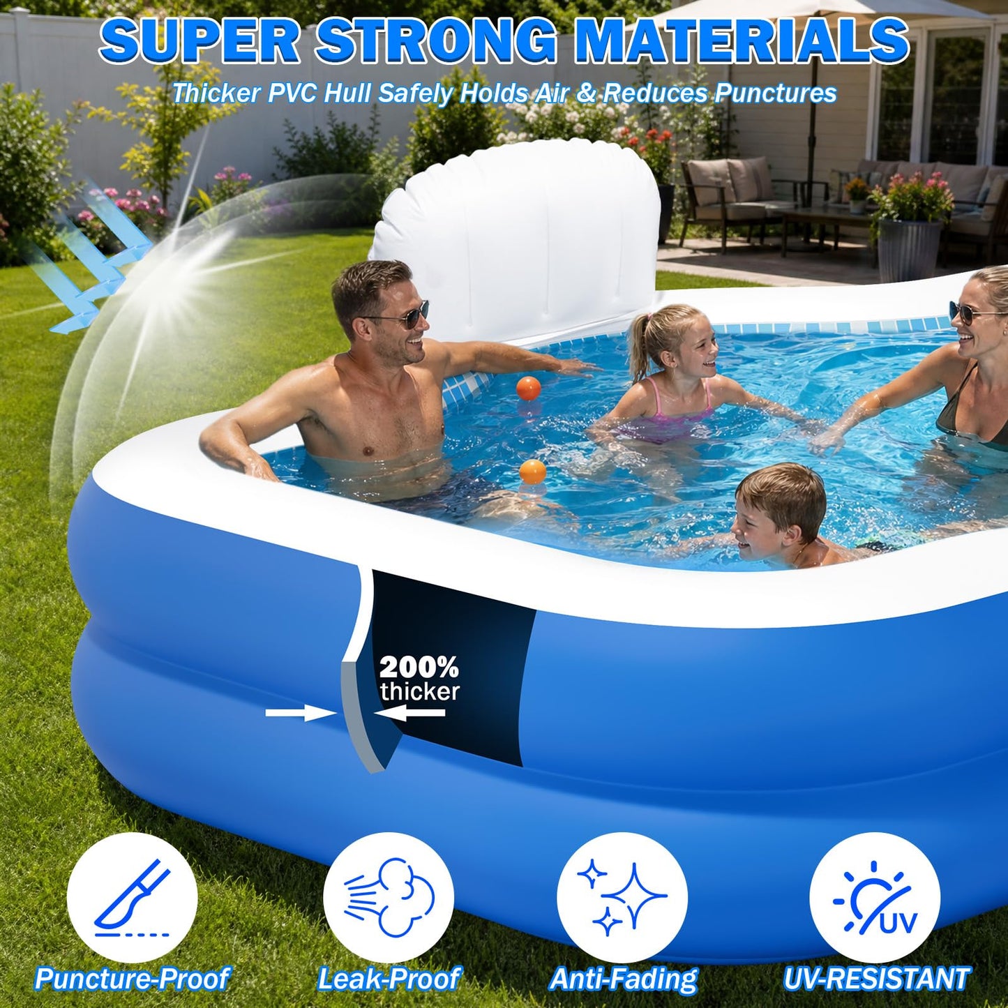 ALSTU Extra Large Inflatable Pool with Pump, 121" X 90" X 22" Full-Sized Blow Up Pool with Seats for Adults, Family Inflatable Swimming Pool for Summer Water Party Backyard Garden Lawn