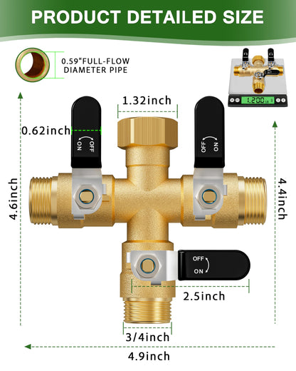 Garden Hose Splitter, 3 Way Heavy Duty Brass hose splitter, Water Hose Bib Spigot Splitter with 0.59" Full Flow Ball Valve Outlet & Shut-Off Valve 3/4'' Connector Outdoor Water Faucet Adapter