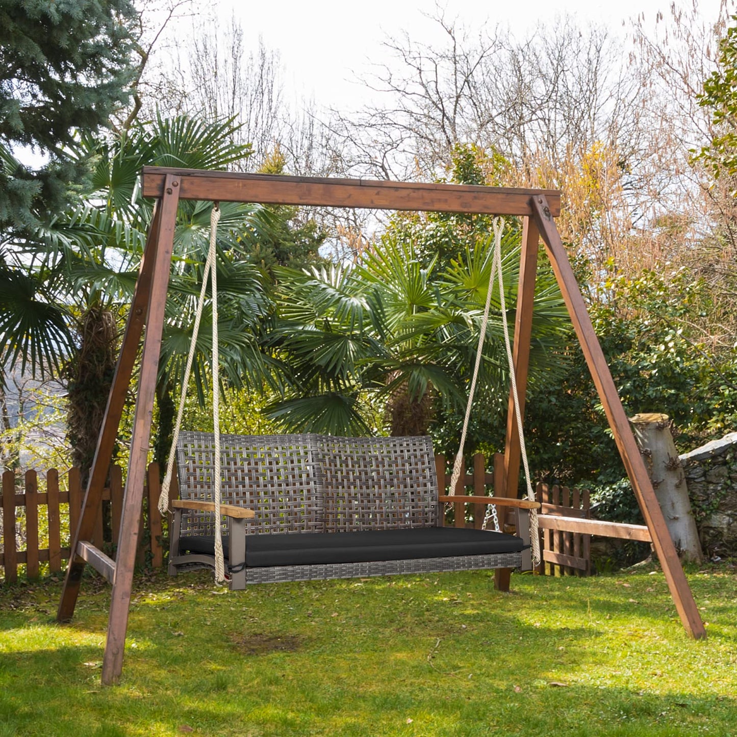 Tangkula 2-Person Outdoor Porch Swing with 118" Hanging Ropes, Patiojoy PE Wicker Patio Hanging Swing Bench with Soft Seat Cushion & 800 Lbs Weight Capacity, Suitable for Patio, Garden (Black)