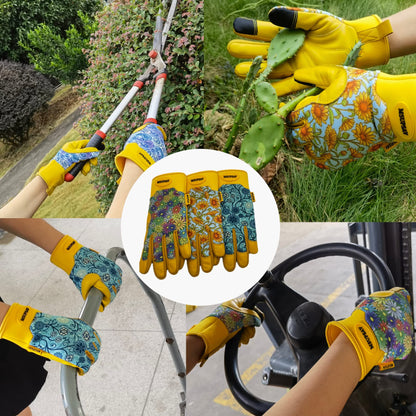 MSUPSAV Thorn Proof Gardening Gloves with Grip,Garden Gloves for Women,Cowhide Leather Work Gloves,Gardening Gifts for Women,Daisy,Large