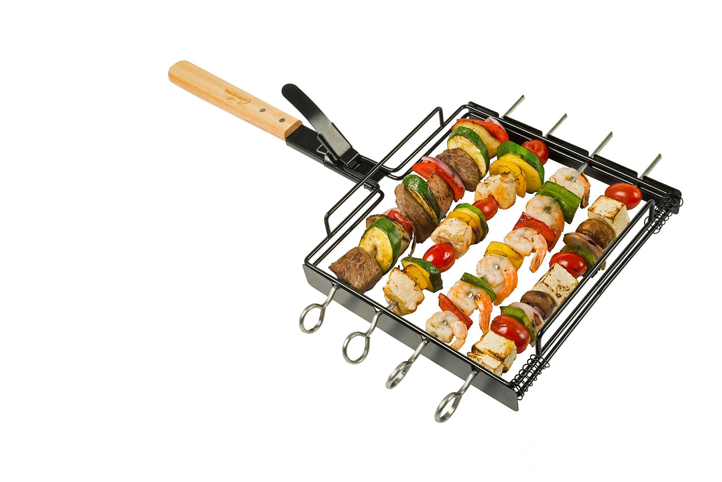 Camerons BBQ Skewer Rack Set - Includes Detachable Handle & 4 Non-Stick Stainless Steel Skewers for Grilling Barbecue Shish Kabobs, Meat, Vegetables & More - Grilling & Cookout Essential