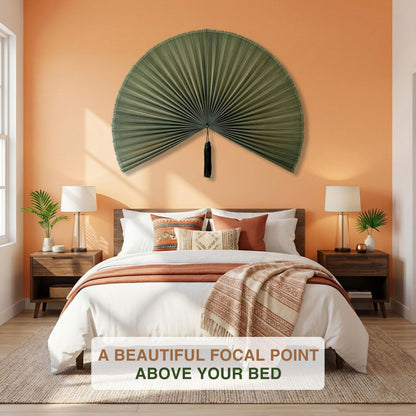 SUCHUBU Bamboo Fan Wall Decor Japanese Hanging Art Headboard, Boho Folding Asian Style, Natural Ivory Home Aesthetic - Lightweight Easy to Hang over Bed Decor (Green, Large)