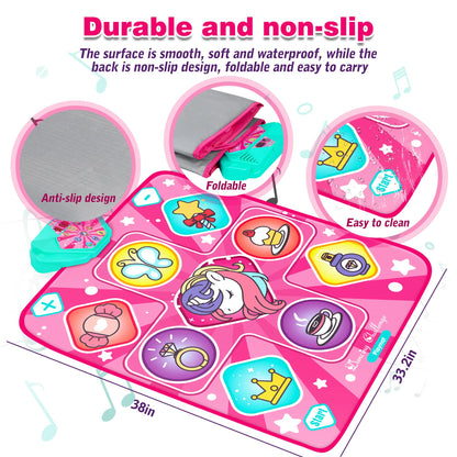 Kusntin Dance Mat, Dance Mixer Rhythm Step Play Mat, Pink Dance Pad with LED Lights, Adjustable Volume, Built-in Music, 5 Game Modes, Xmas Birthday Gifts for 3-10 Years Girls Toys (Multicolor)