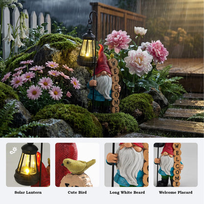 PETAFLOP Solar Garden Gnome Statue Decor with Welcome Sign, Funny Gnomes Figurine for Yard Patio Balcony Outdoor Decorations, Mother's Day Birthday Housewarming Gifts for Mom Grandma