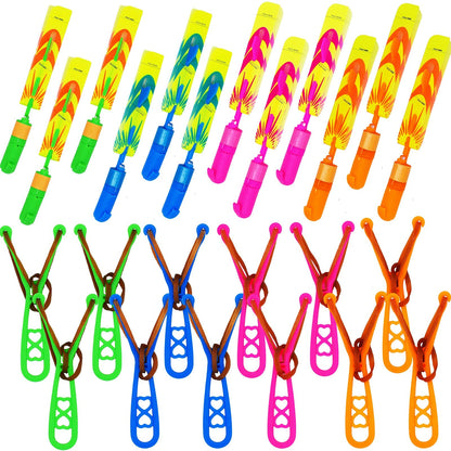 JX 24 Pack Rocket Slingshot Flying Toys with Led Lights,24Pcs LED Arrow Helicopters + 24Pcs Launchers,Summer Outdoor Game LED Slingshot Toy for Kids, Glow in The Dark Kids Party Supplies