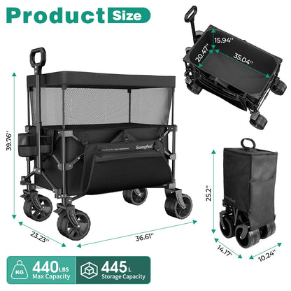 SUNNYFEEL 445L Extra Large Folding Wagon Cart with Canopy, 440 LBS Heavy Duty Collapsible Utility Cart with All-Terrain Wheels, 3-in-1 Portable Wagon for Garden, Groceries, Camping, Beach, Shopping