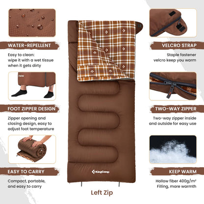 KingCamp Sleeping Bag for Adults, Cold Weather & Warm XL Big and Tall Flannel Sleeping Bags with Compression Sack Portable Waterproof Essentials Gear Accessories for Outdoor Camping (Coffee Left)